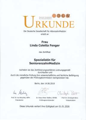 CertificateSpezialistin Alterszahnmedizin